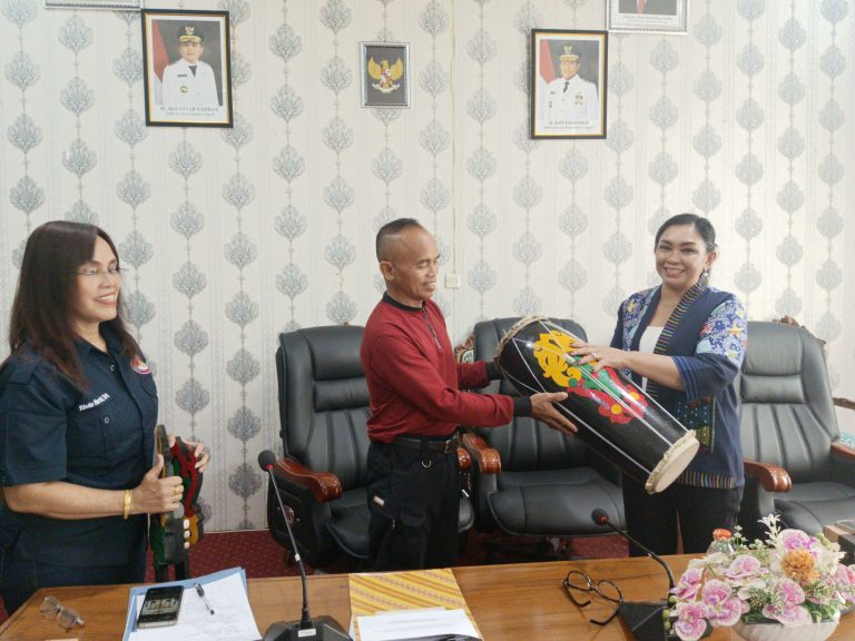Ketua DPC KSBN Katingan, Winda Natalia, S. Hut., M. Si, saat menyerahkan bantuan alat seni kepada salah satu sanggar tari Jumat (12/12) di aula DPRD Katingan.